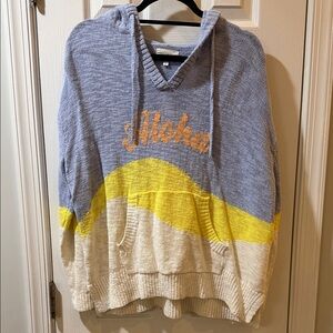 Lou & Grey Women's Blue, Yellow, and Cream V-Neck Aloha Hooded Sweater NWT